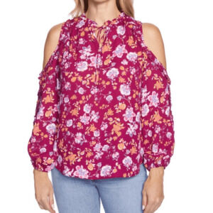 Cooper & Ella Women's XL Long Sleeve Cold Shoulder Top Purple Challis Floral New
